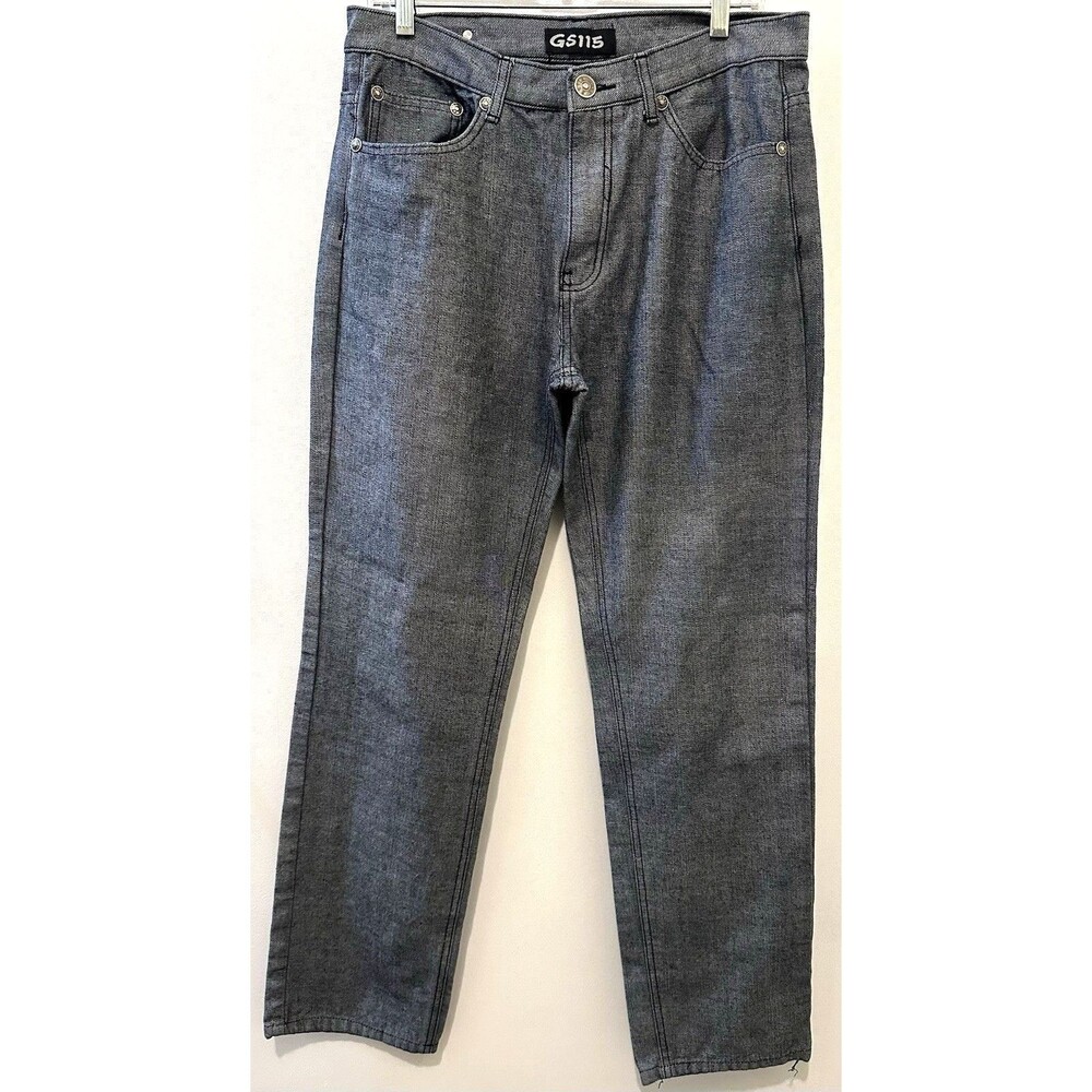 GS115 Jeans Mens 36 Gray Black Wash Y2K Embroidered Baggy Straight Denim 2000sy